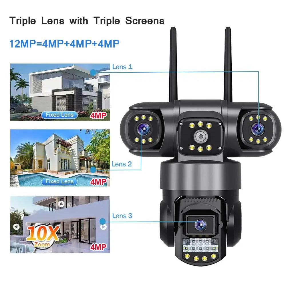 4G/WiFi Network Security Camera, Triple-Lens Triple-Screen HD Night Vision Waterproof CCTV Recorder