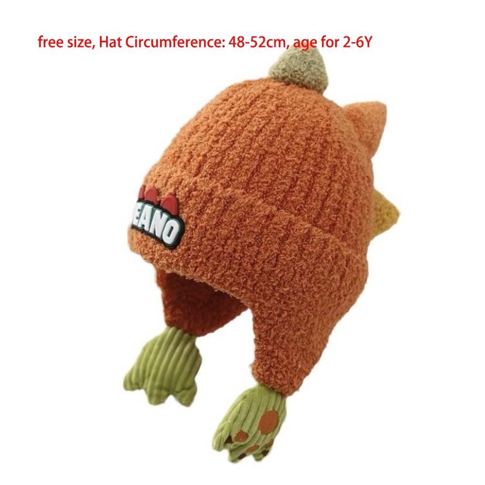 Cute Dinosaur Pullover Cap Windproof Plush Knitted Cap New Ear Protection Hat 2-6Y