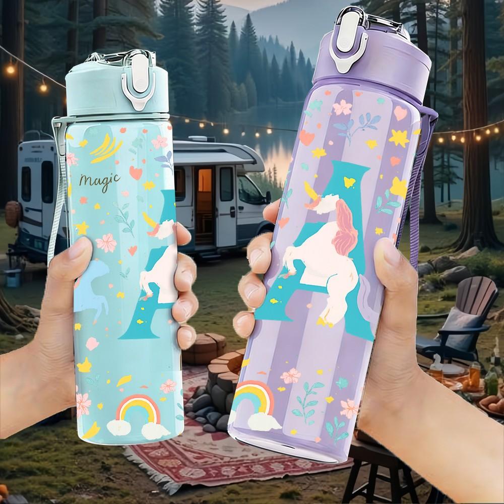1PC Pastel Floral Letter A 750ml Color Plastic Sports Water Bottle Leakproof Flip Straw Lid Suitable for Sports Office Home Use