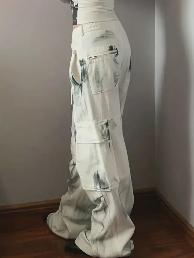 Женские джинсы в американском стиле с потертостями и широкими штанинами, с множеством карманов