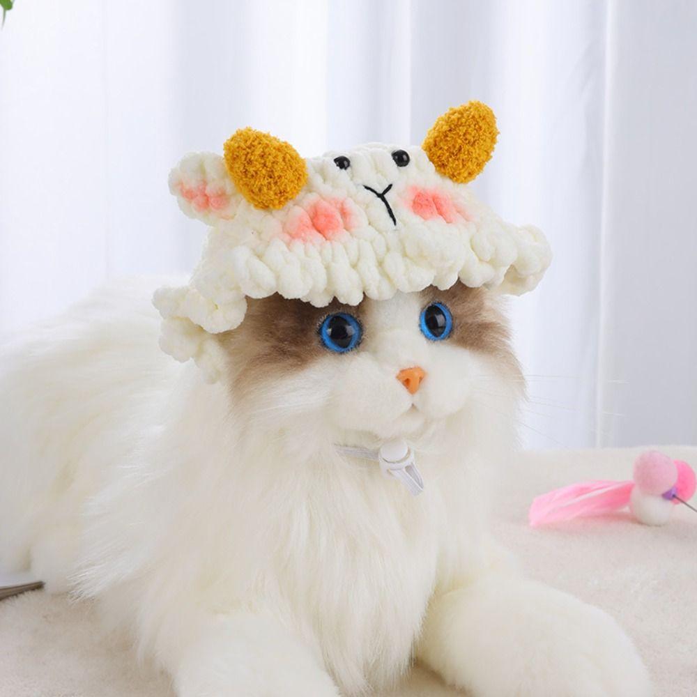 Sheep Shaped Cat Knitted Plush Hat Warm Dog Cap Funny Cat Headwear for Party