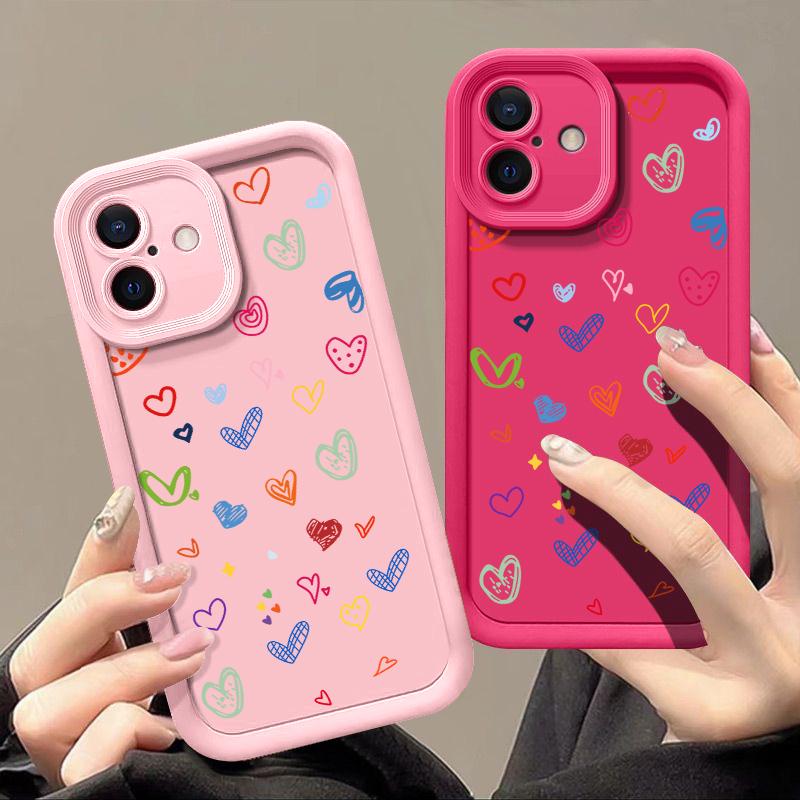 Cartoon Love Hearts Pattern Shockproof Phone Case for iPhone 16 15 14 Plus 13 12 11 Pro Max Xs Xr 8 7 Matte Tpu Soft Lens Protection Anti-Fall Cover