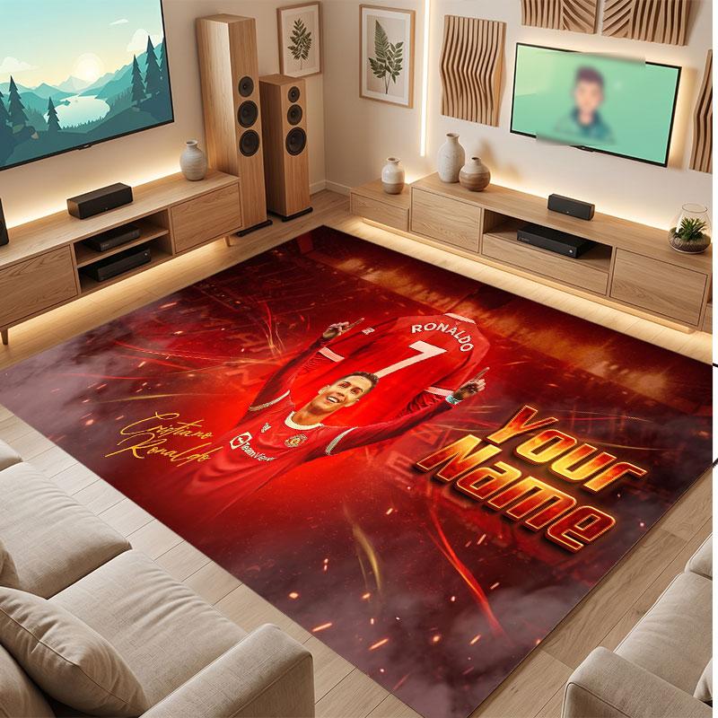 Cristiano Ronaldo Custom Crystal Velvet Rug, Personalized Name Text Print, Football Logo Soft Non‑Slip Floor Mat Home Decor Gift
