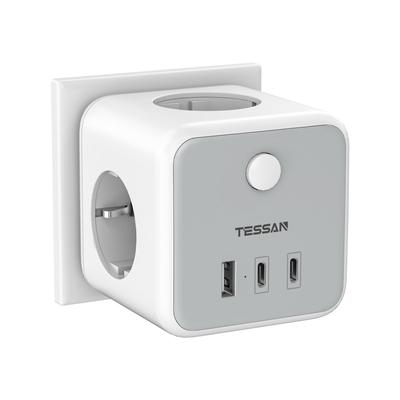 Tessan Стандартные тройниковые розетки 6 в 1 с 2 портами USB C и 1 портом USB A, многоканальный сетевой концентратор с выключателем, зарядное устройство USB, совместимое с телефоном и планшетом