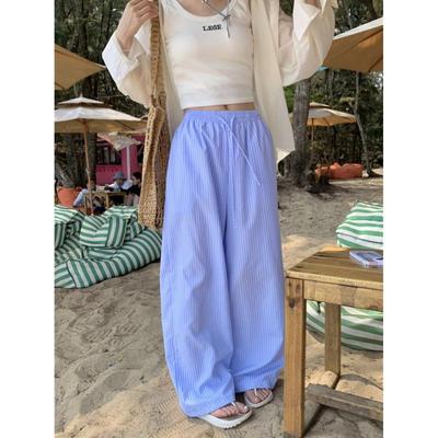 Корейские ленивые брюки в вертикальную полоску для женщин на весну и осень, новые, с высокой посадкой, прямые, свободные, широкие, до пола