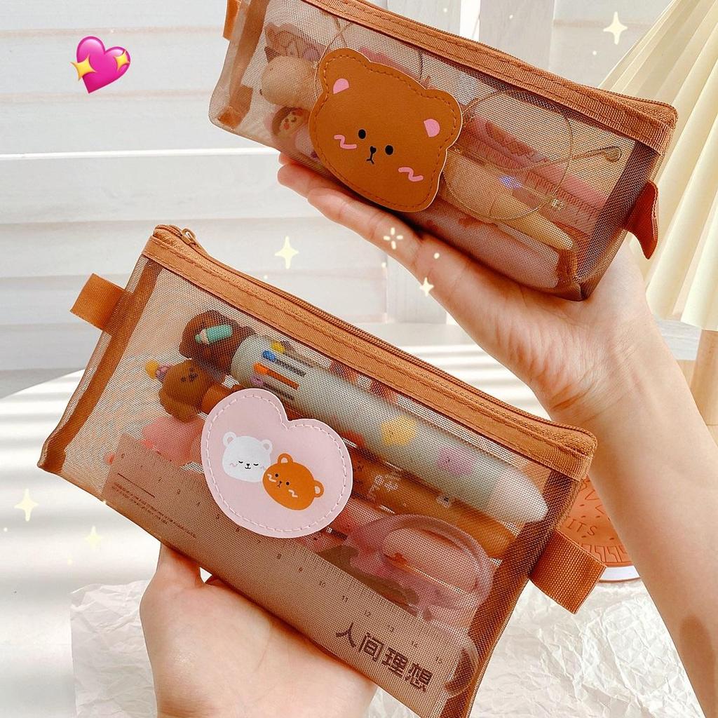 Пенал с милым медведем, сумка для ручек, прозрачная сетчатая упаковка, сумка для хранения кофейного цвета для канцелярских принадлежностей, офисных школьных принадлежностей
