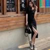 New summer elastic slim fit bag arm lace-up side split long dress women's short-sleeved T-shirt drawstring skirt