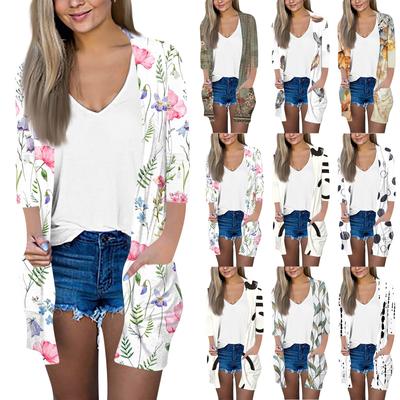 Женский модный свободный повседневный кардиган с принтом и карманами, куртка с рукавом семь восьмых, топ