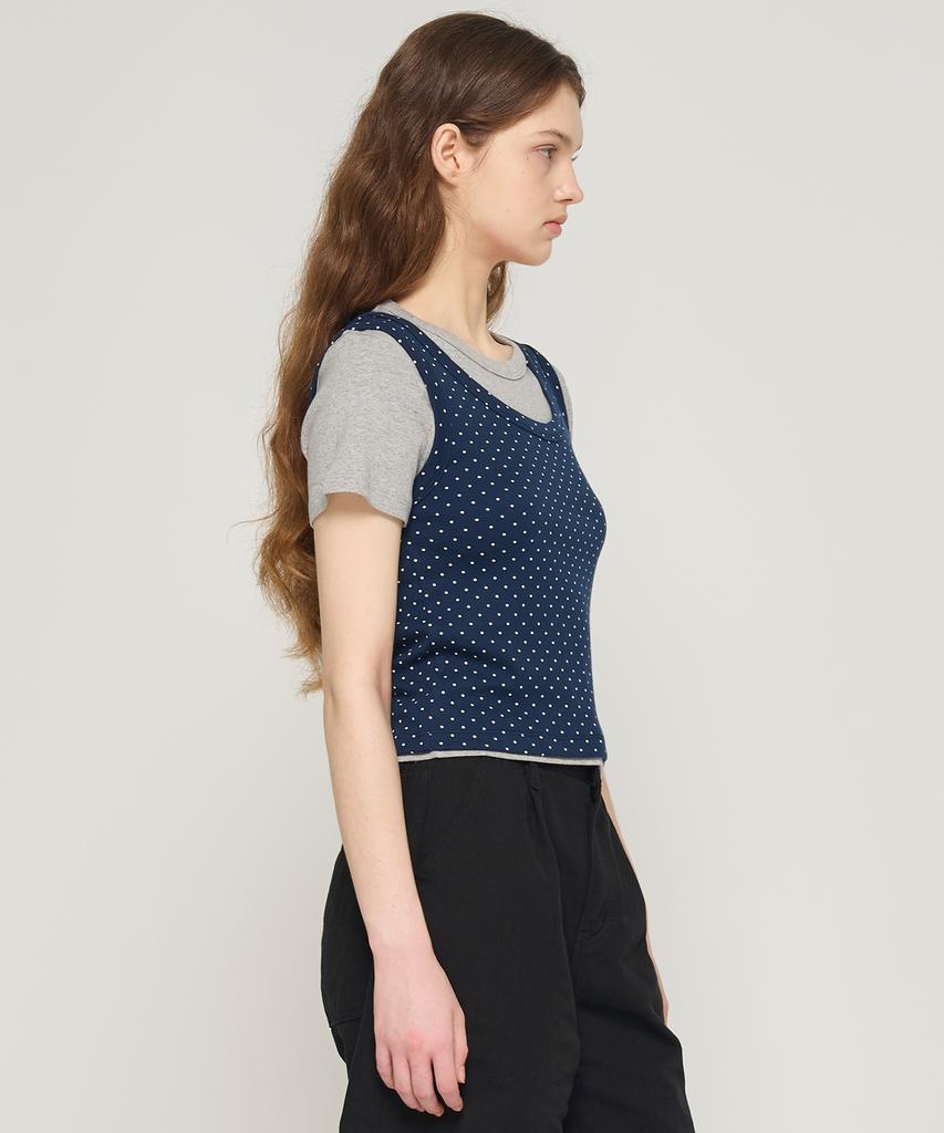 CARGOBROS FOR WOMAN Dot Layered Set Short Sleeve T-Shirt (Navy/Gray)
