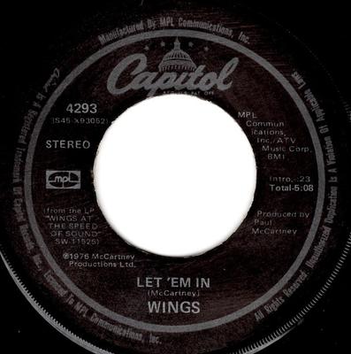 7-дюймовая пластинка WINGS (2) - Let 'Em In 4293 Capitol Records 1976 US Рок Б/У