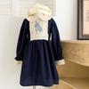 Girls Long Sleeve Dress Rabbit Embroidery Peter Pan Collar Navy Blue Princess