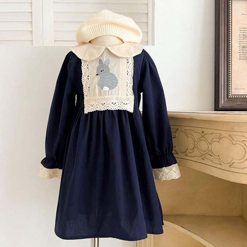 Girls Long Sleeve Dress Rabbit Embroidery Peter Pan Collar Navy Blue Princess