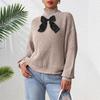 Women's Top Half Turtleneck Pullover Sweater Mesh Bow Splicing Mixed Color Velvet Autumn and Winter Base Shirt