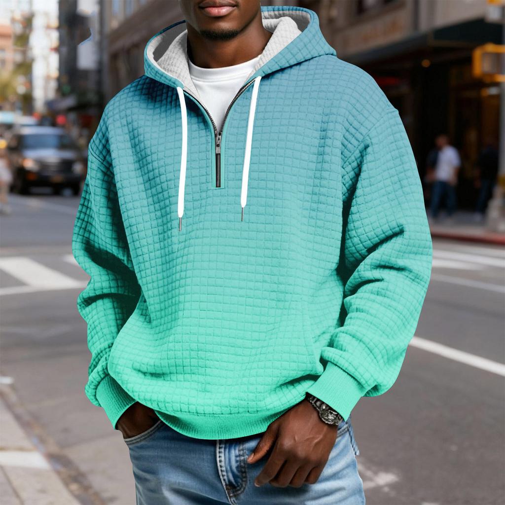Мужской худи-пуловер в клетку с капюшоном на молнии до середины, со шнурком и принтом, повседневная спортивная толстовка