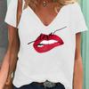 Модные весенние блузки с принтом красных губ, футболки с коротким рукавом и V-образным вырезом, повседневные