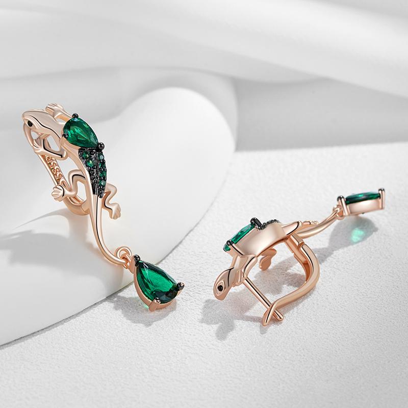 Зеленые Натуральные Цирконы Серьги-подвески Ящерица Для Женщин Покрытие Розовым Золотом И Черным Винтажные Животные Повседневные Панк Украшения