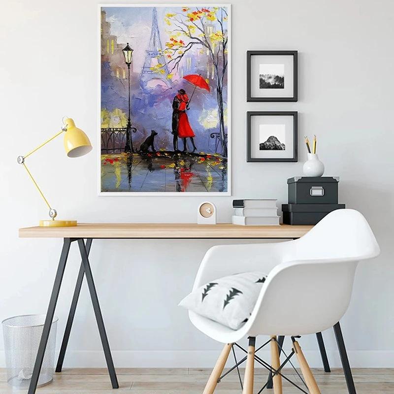 Влюбленная пара с зонтиком, идущая по улице, Эйфелева башня, холст, картина маслом, постер, осенний пейзаж, настенное искусство, домашний декор