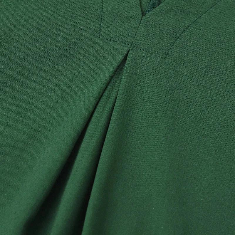 Весна/Лето 2024 Европейско-американское хлопково-льняное платье с V-образным вырезом, коротким рукавом и карманом