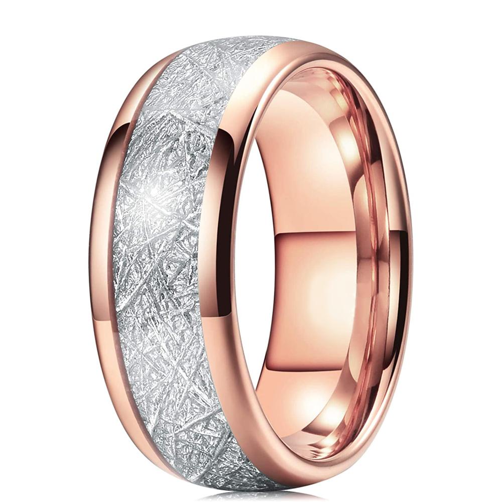 Fashion 8mm Men 'S Gold Color Groove Beveled Edge Stainless Steel Ring Meteorites Inlaid Red Carbon Fibre Ring Men Wedding Band