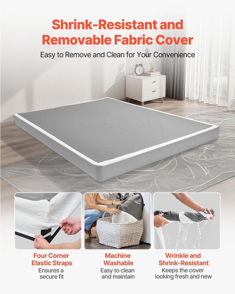 Box Spring, Queen Size Bed Frame with Washable Fabric Cloth, Heavy Duty Metal Frame for Queen Bed, 130 mm Mattress Foundation, 1587.57 kg Max Weight