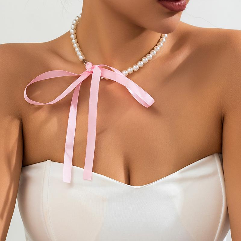 Women Ribbon Clavicle Chain Choker Imitation Elegant Y2K Bowknot Necklace Pearl Sweet Goth Black Accessories