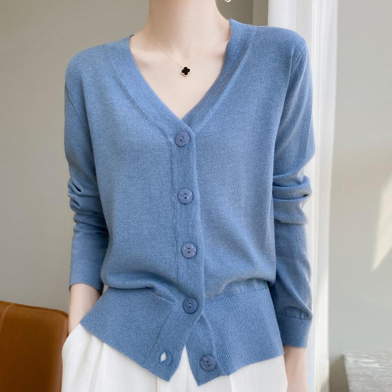 Весенне-осенний женский трикотаж, короткий свободный вязаный кардиган с длинными рукавами и v-образным вырезом, однотонная пряжка
