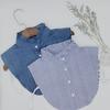 Minimalist Stripes Denim Women Detachable Lapel Fake Collar Cute Doll Ruffles Lace Splicing Button Down False Half Shirt Blouse