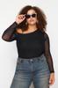 Women's Fashion New Plus Big Size Blouse Black Tulle Lined Asymmetrical Collar Knitted Blouse
