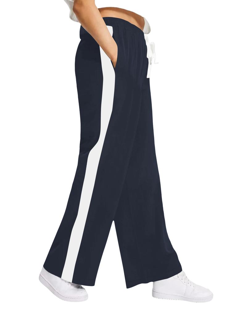 Contrasting Colour Block Elastic Waist Wide-leg Pants Casual Straight-leg Pants for Women Wide-leg