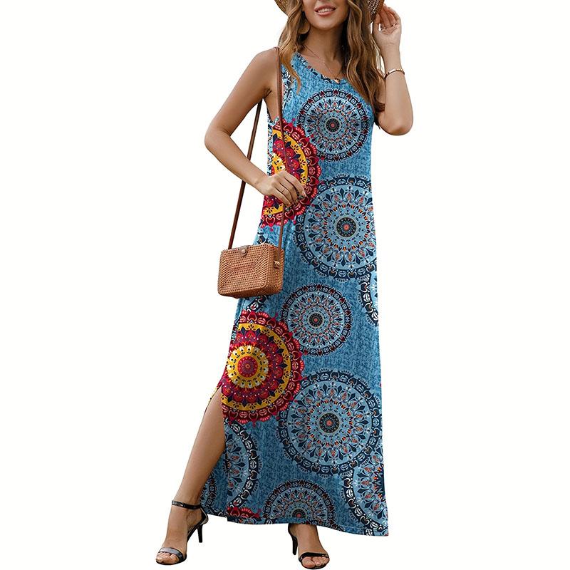 Женское летнее повседневное платье без рукавов с круглым вырезом и принтом в стиле ретро