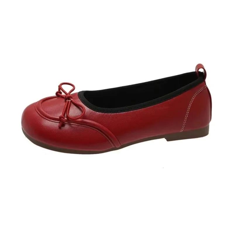 Весна 2024 года, новые модные популярные женские туфли с бантом красного цвета, универсальные туфли с круглым носком и мягкой подошвой на плоской подошве, с неглубоким вырезом, Zapatos Mujer
