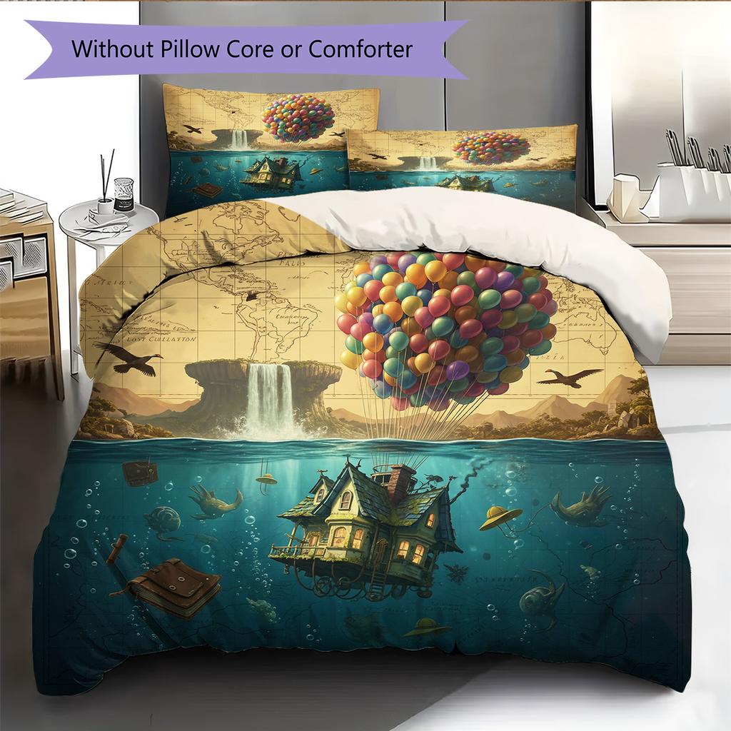 Map Ocean Architecture Pattern Bedding Quilt Set Home Decoration Gift (1 * duvet cover + 2 * pillowcase without core)