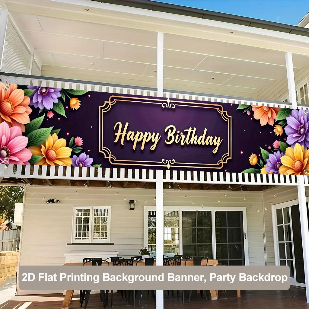 Happy Birthday Party Banner, Floral Golden Accents Design, 78.74x17.72in Polyester Outdoor Indoor Celebration Decoration