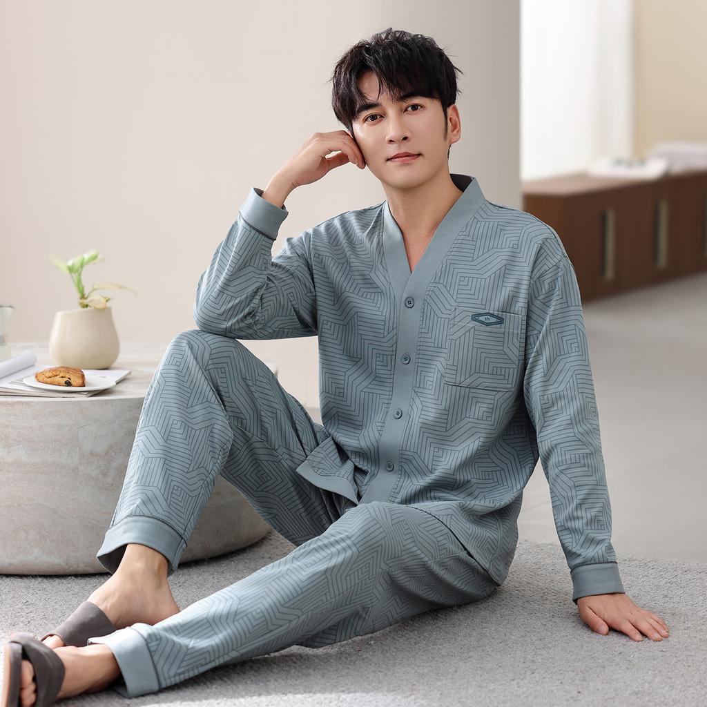 Pajamas Men'S Pure Cotton Spring And Autumn Long-Sleeved Trousers Cardigan Men'S Large-Size Casual Loungewear Set