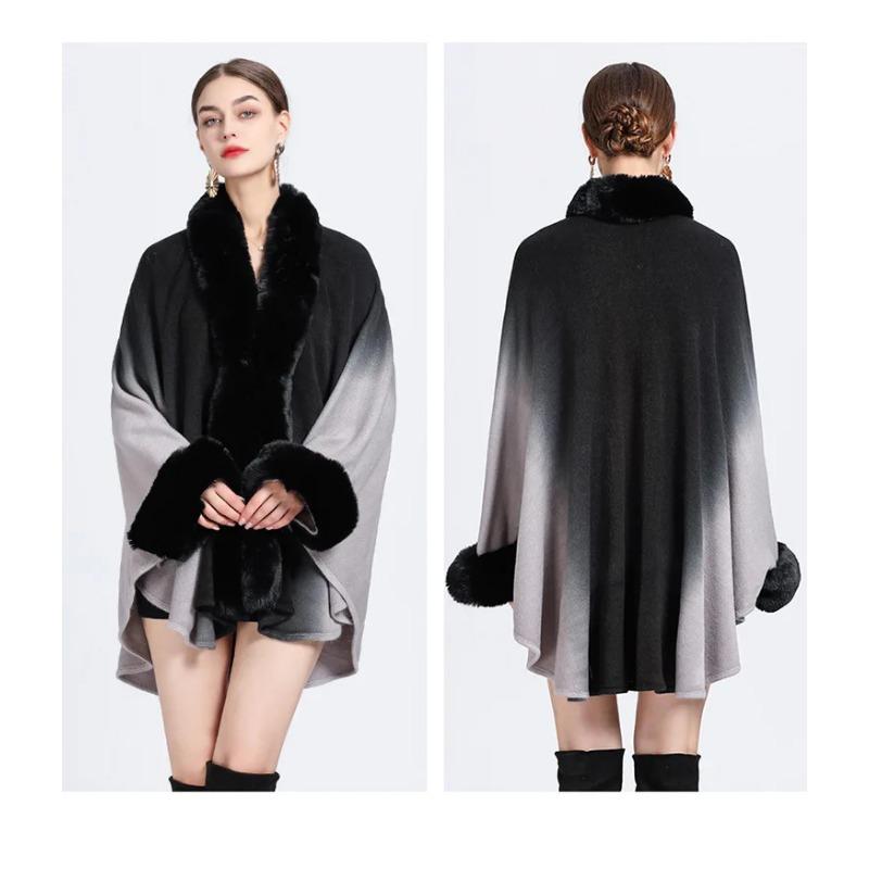 6 Gradient Colors Women Long Faux Rabbit Fur Collar Poncho Cape Knitted Cardigan Outstreet Wear Loose Cloak Batwing Sleeves Coat