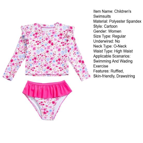 Girls Sun Protection Swimsuit Set Two Piece Rash Guard Long Sleeve Bathing Suit Tankini with Bikini Bottoms Floral Print Kids Beachwear