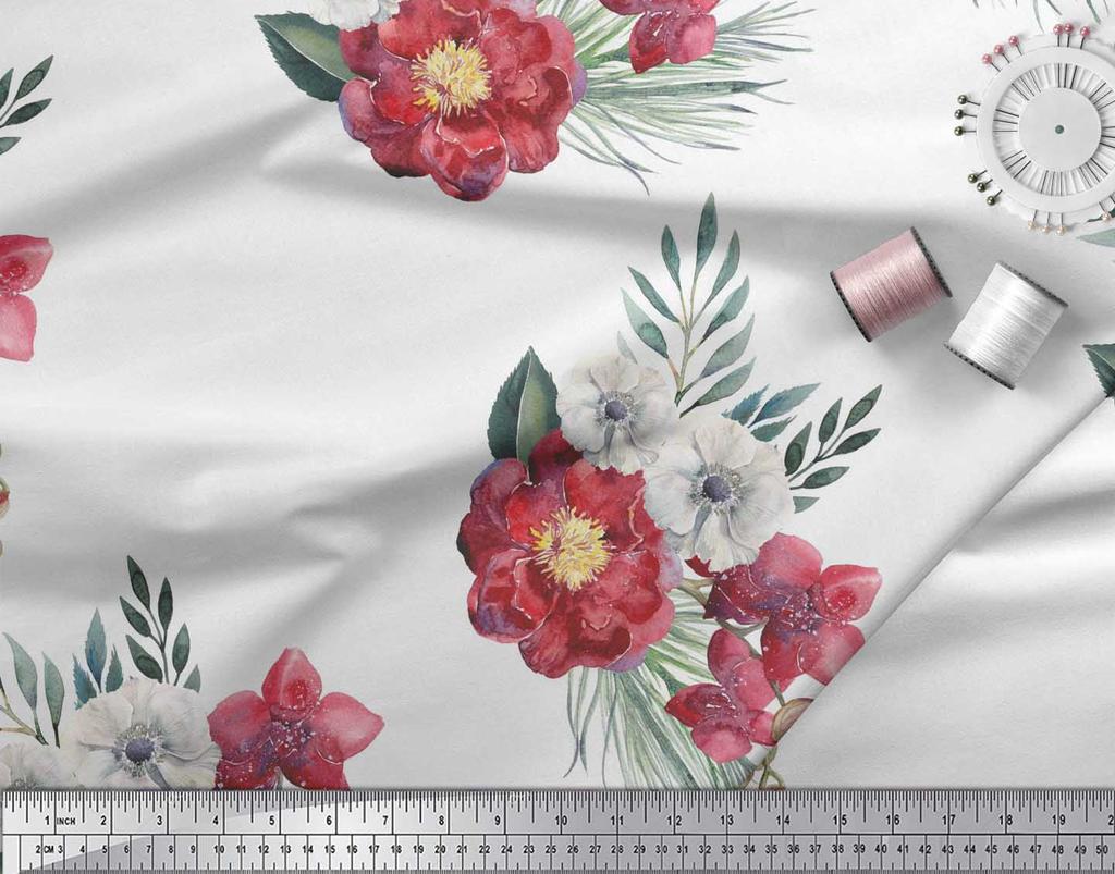 Soimoi Черная полиэфирная креповая ткань с цветочным принтом пионов и анемонов 1 ярд 42 дюйма