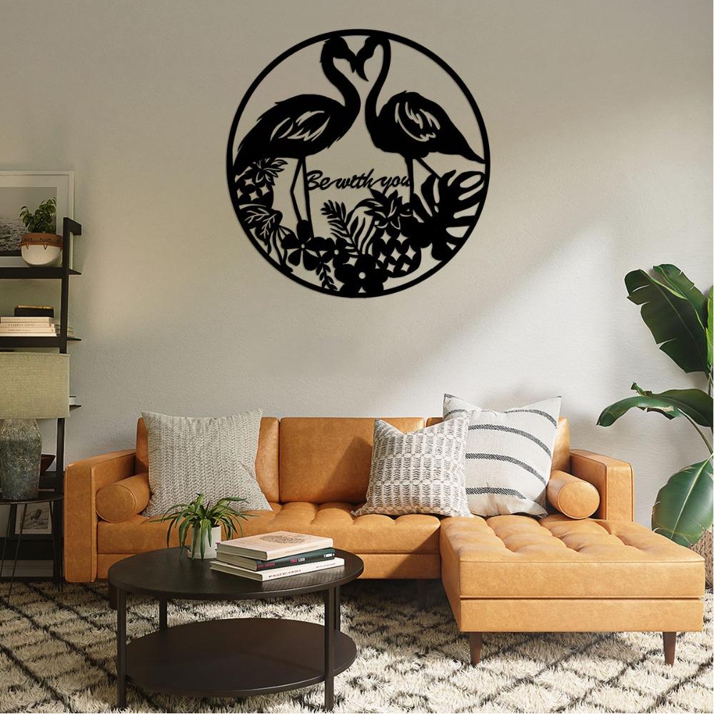 1pc Flamingo Lovers with Tropical Leaves Flowers Artwork Wall Metal Sculpture Modern Decor Living Room/Home Decoration