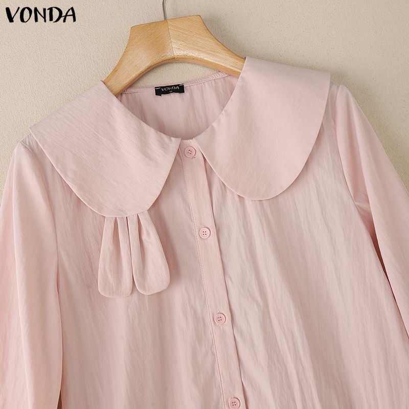 VONDA Женская повседневная блузка с кукольным воротником, свободного кроя, с длинным рукавом, на пуговицах, с оборками