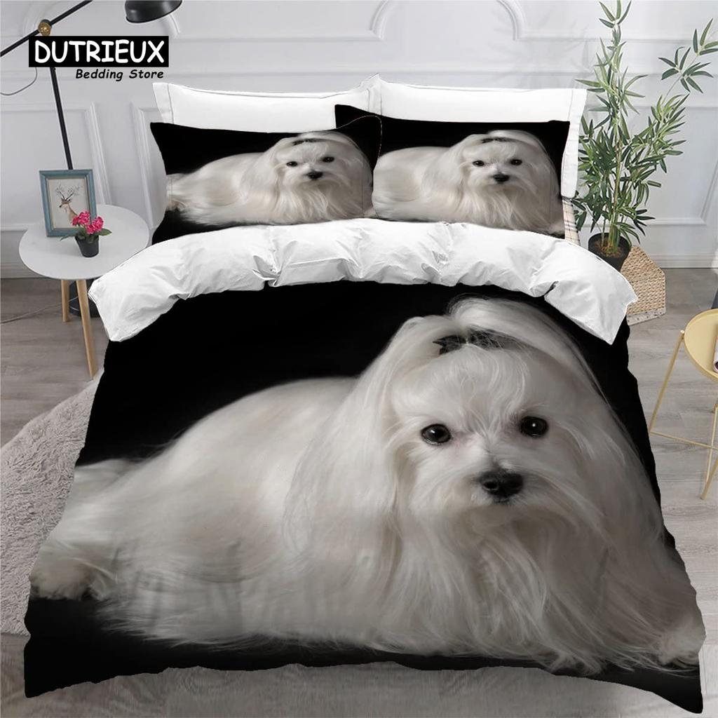 Cute Maltese Dog Duvet Cover Set Pet Dogs Theme Bedding Set Microfiber Kawaii Animal Comforter Cover Twin King For Kids Teens
