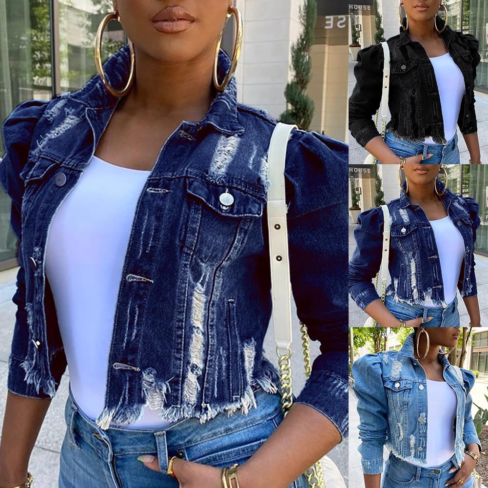 Autumn Women Coat Jackets Sexy Long Sleeve Pocket Ripped Denim Jacket Streetwear Short Coat Plus Size