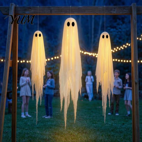Indoor Garden Holiday Scenes 3 Pcs Large Lighted Hanging Ghosts Halloween Decoration, 4FT + 5FT Outdoor Cute And Scary Festival Ornaments Spooky
