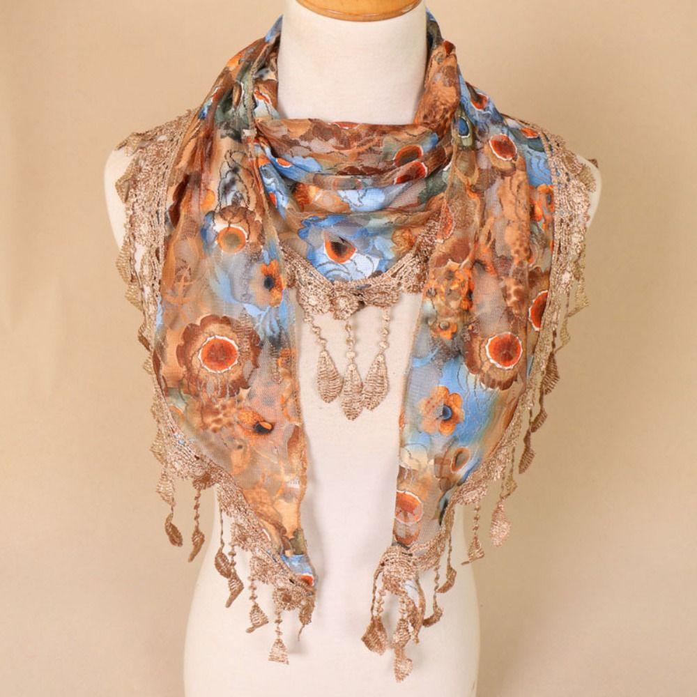 Colorful Lace Scarf with Tassel Flower Triangle Headband Sweet Printed Wraps Seaside