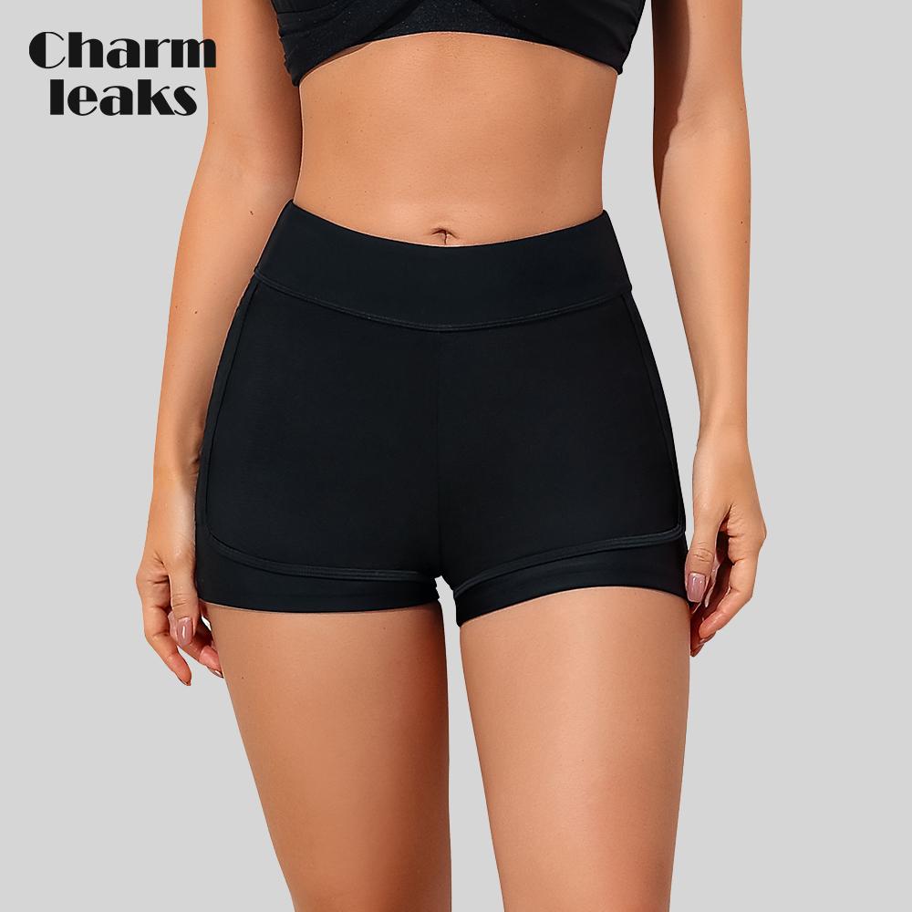 CHARMLEAKS Women High Waist Swim Shorts Front Mesh Layer Solid Swimming Shorts Boyleg Tankini Bikini Bottom Swimwear