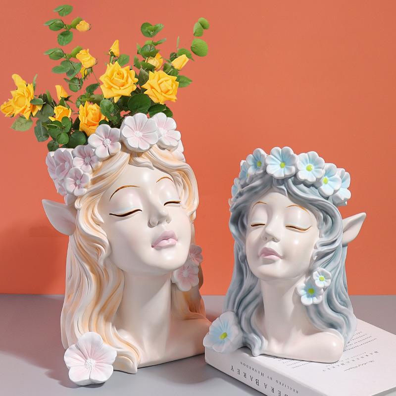 Nordic Resin Vase Flower Fairy Angel Human Head Abstract Half Body Arrangement Human Face Modern Home Interior Decoration