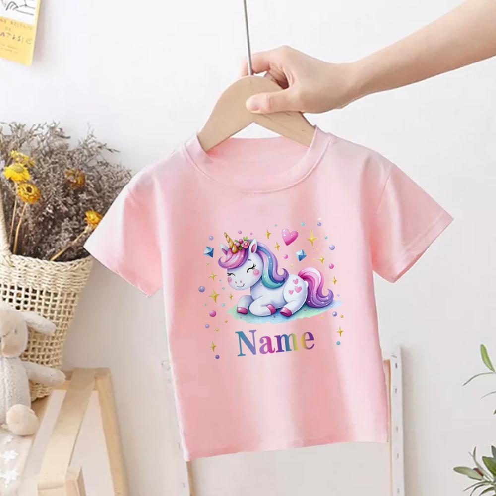 Персонализированная футболка с единорогом и именем для девочек, детская футболка с диким принтом, футболка для лета, детская одежда, топ с коротким рукавом для малышей