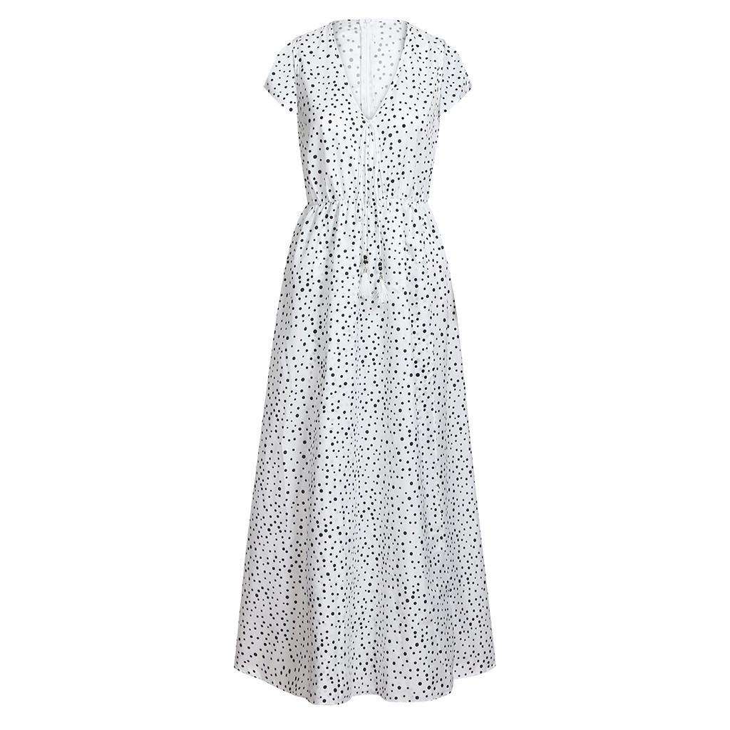 Женское летнее платье с коротким рукавом и принтом в горошек, V-образным вырезом, длинное платье, пляжное платье макси