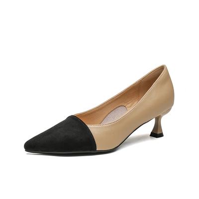 Модные туфли из коровьей кожи абрикосового цвета с контрастным черным каблуком, заостренные женские туфли из овчины с подкладкой