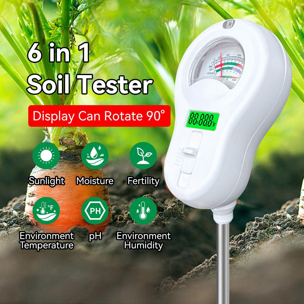 6 In 1 Soil PH Meter Rotatable Backlit Display Analyzer Moisture Sensor Soil Tester Garden Tool