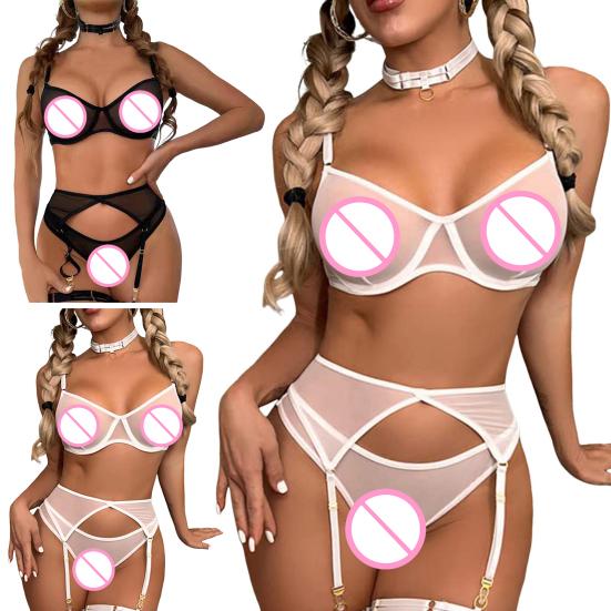 Комплект из 3 предметов: бюстгальтер, стринги, подвязка для чулок, регулируемые бретели, прозрачная сетка, тонкие эластичные трусики с высокой талией, для брачной ночи, медового месяца, Дня святого Валентина